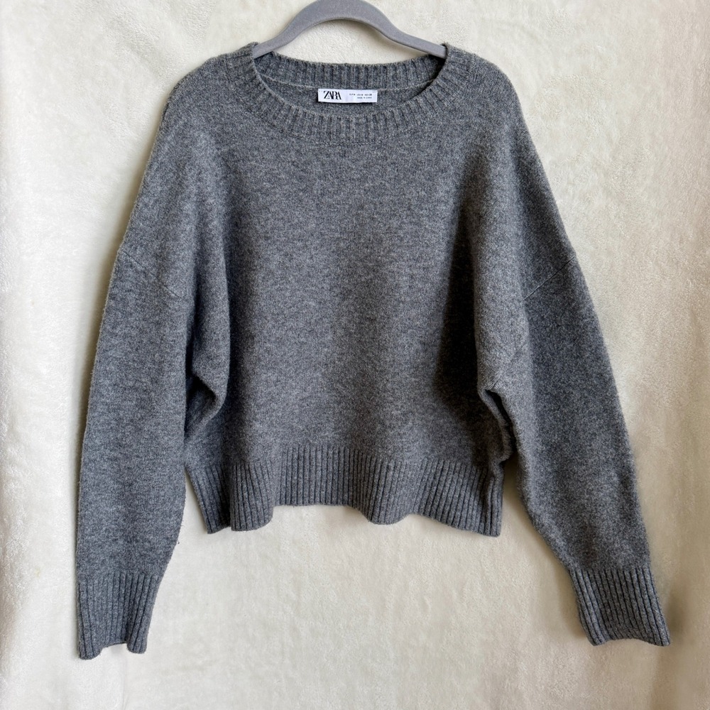 Zara Gray Oversized Cropped Sweater Batwing Dolman Sleeve Size Medium Ribbed